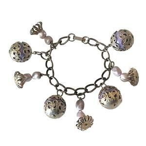 Ornate Charm Bracelet Brass Ball Stone Chain Purple Gold 7" Chunky Jewels Vtg